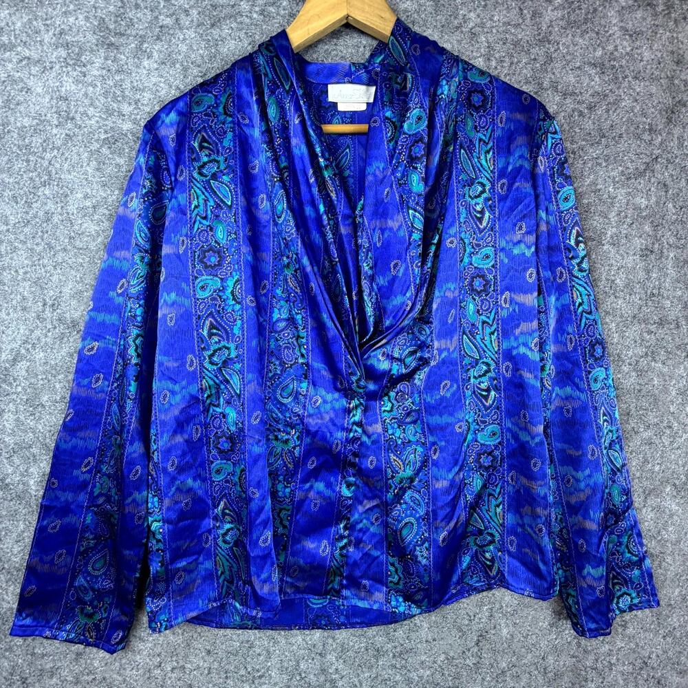 Vintage Anna Kriste Satin Secretary Blouse Women 8 Vibrant Paisley‎ Shawl Collar